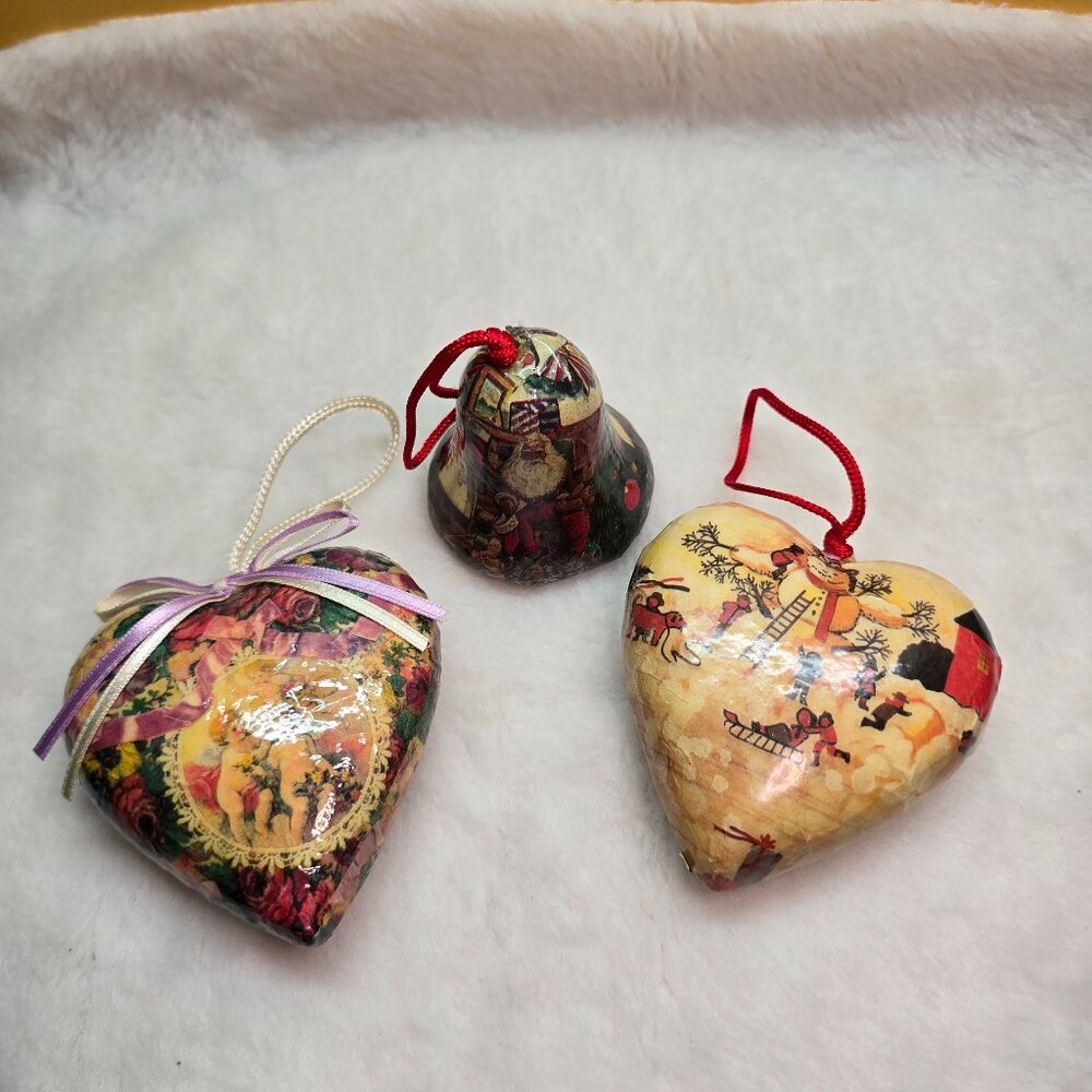 3 Vintage Victorian Decoupage Christmas Olde World Paper Mache Ornaments